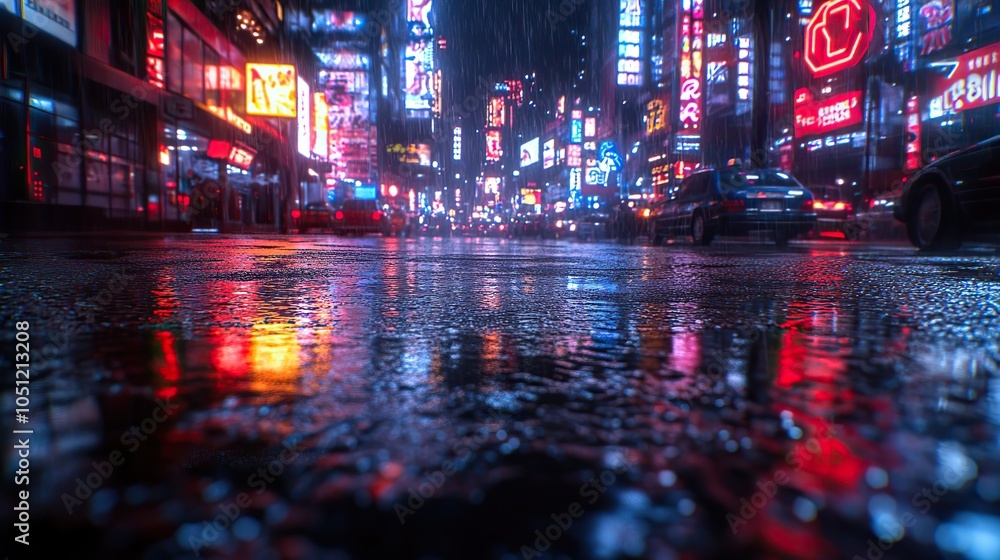 neon megacity at night is depicted with puddles reflecting light, showcasing the cyberpunk aesthetic of the business district.image neon megacity at night is depicted with puddles reflecting light, showcasing the cyberpunk aesthetic of the business district.image
