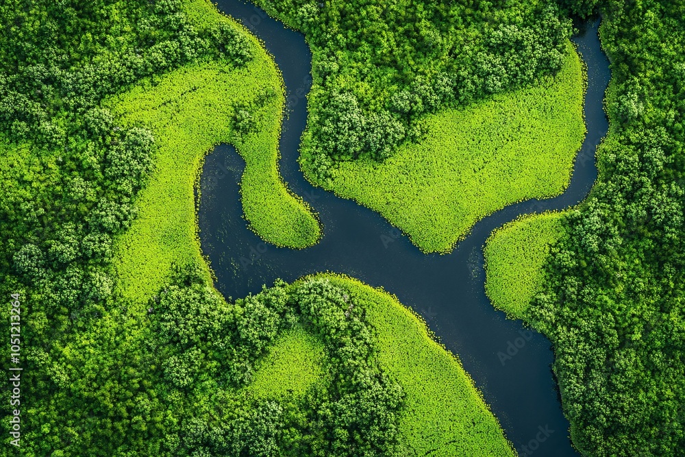 Aerial View of a Lush River Winding Through a Green Forest Aerial View of a Lush River Winding Through a Green Forest