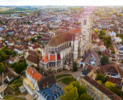 Aerial view of historic city of Auxerre with Roman Catholic Cathedral, Burgundy, France photo