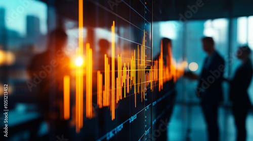 Blurred Financial Data Display with Glowing Graphs and Analytics Dashboard on a Futuristic City Skyline Background Abstract Technology and Business Data Visualization Concept