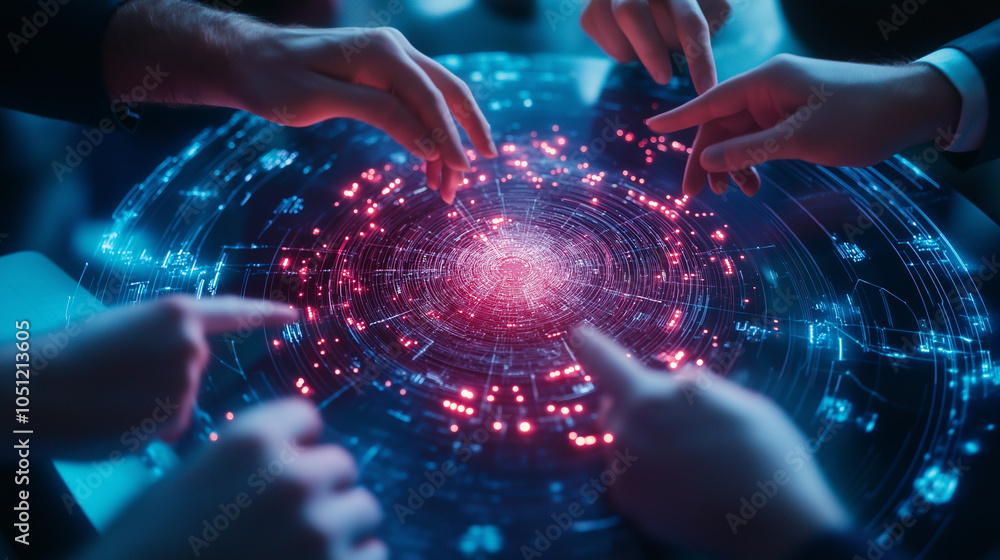 Futuristic holographic sphere with human hands interacting and manipulating the digital projection in a vibrant sci fi inspired environment The image represents the concept of advanced intelligence Futuristic holographic sphere with human hands interacting and manipulating the digital projection in a vibrant sci fi inspired environment The image represents the concept of advanced intelligence