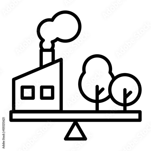 Icon of a factory emitting smoke and a tree on a seesaw. They are in balance.