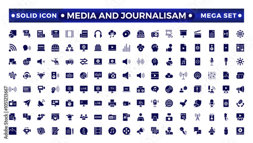 Journalism and mass media solid    icon set. Vector illustration. Containing  microphone, journalist, press conference, newspaper social networks, public communication, and networking. 