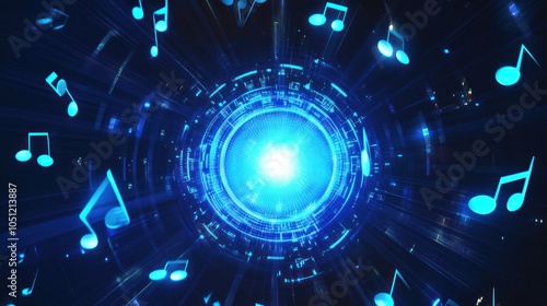 Abstract Music Background with Neon Blue Notes