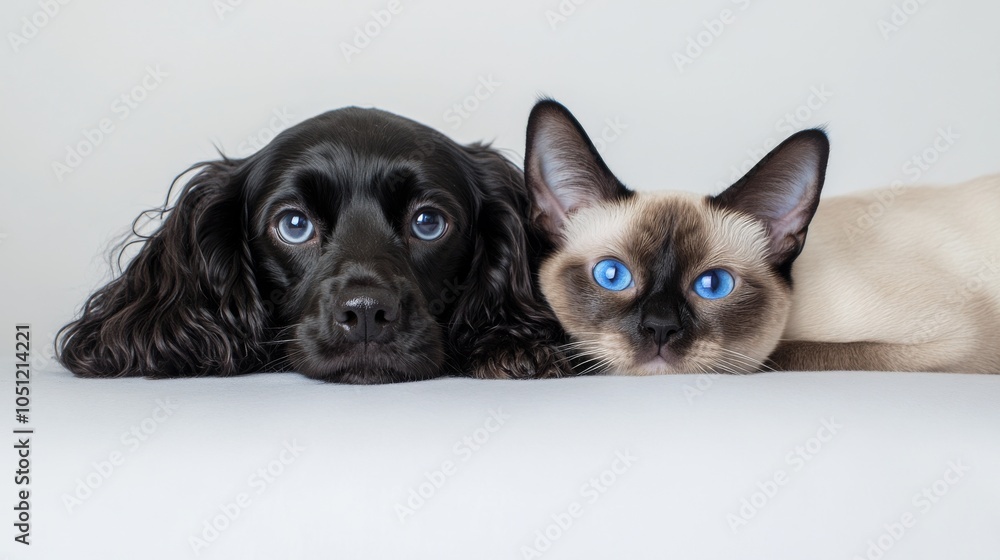 unlikely animal friends portrait, cocker spaniel with flowing ears, seal point cat with blue eyes, pure white backdrop, studio lighting, candid interaction, detailed fur textures unlikely animal friends portrait, cocker spaniel with flowing ears, seal point cat with blue eyes, pure white backdrop, studio lighting, candid interaction, detailed fur textures
