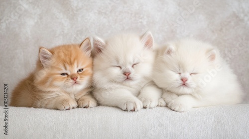 trio of furry friends, two persian kittens cuddling chow chow puppy, gentle expressions, creamy color palette, high-key lighting, professional pet portrait photo