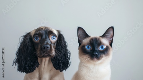 unlikely animal friends portrait, cocker spaniel with flowing ears, seal point cat with blue eyes, pure white backdrop, studio lighting, candid interaction, detailed fur textures photo