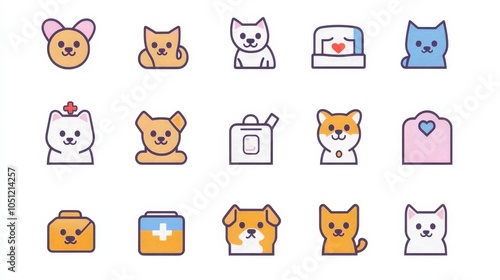 veterinary clinic symbol pack, simplified pet illustrations, uniform stroke width, flat design approach, user-friendly icon system for digital platforms