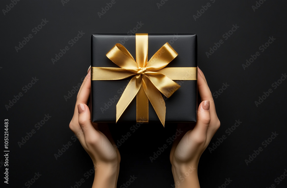 First person top view photo of hand holding black giftbox with yellow satin ribbon bow over shiny golden sequins on isolated black background with empty space First person top view photo of hand holding black giftbox with yellow satin ribbon bow over shiny golden sequins on isolated black background with empty space