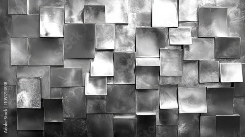 Polished platinum squares arranged concentrically, soft reflections and diffuse lighting, contrasted against a matte black background, sleek modernism, digital illustration photo