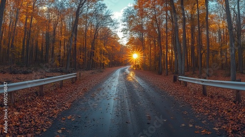 panoramic view of road with white guardrail in forest during autumn, with bright sunshine illuminating the scene.illustration