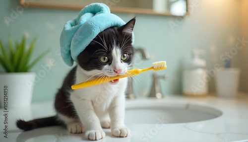 there is a cat that is brushing its teeth in the bathroom