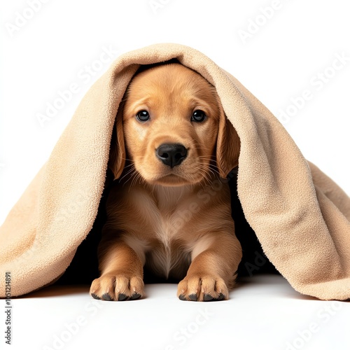 A cute golden retriever puppy peeking out from under a blanket. photo