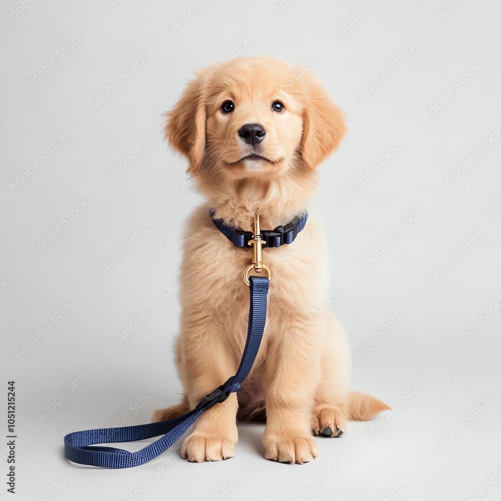 A golden retriever puppy sits on a grey background wearing a blue collar and leash. A golden retriever puppy sits on a grey background wearing a blue collar and leash.