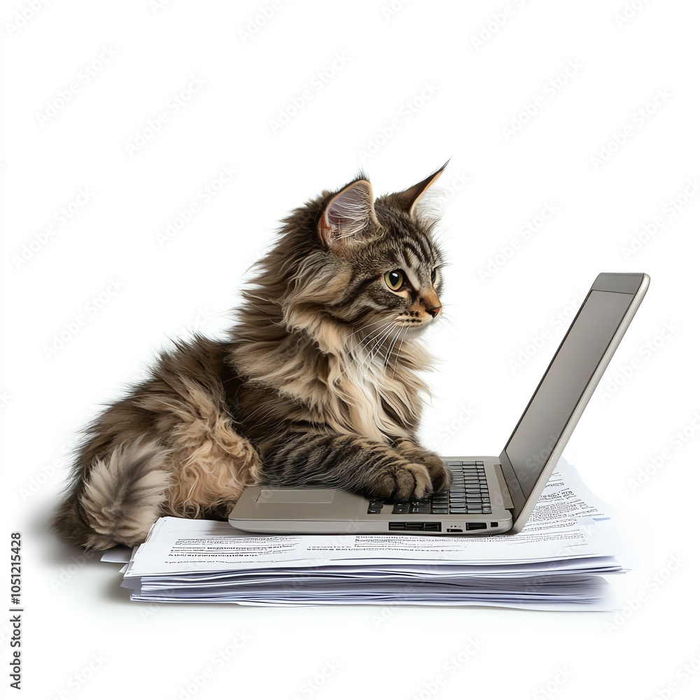 A playful cat typing on a laptop amid scattered papers, showcasing a whimsical blend of work and pet companionship. A playful cat typing on a laptop amid scattered papers, showcasing a whimsical blend of work and pet companionship.