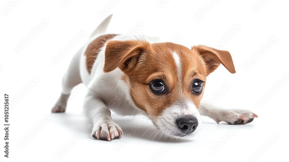 A small, white and brown dog with big brown eyes looks down and to the side, isolated on a white background. A small, white and brown dog with big brown eyes looks down and to the side, isolated on a white background.