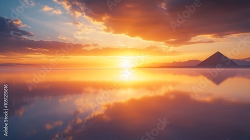 Pyramid reflection in a tranquil lake, surrounded by clouds rolling across the golden sunset sky, creating a surreal and atmospheric scene photo