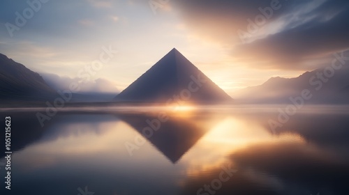 Pyramid reflection in a tranquil lake, surrounded by clouds rolling across the golden sunset sky, creating a surreal and atmospheric scene photo