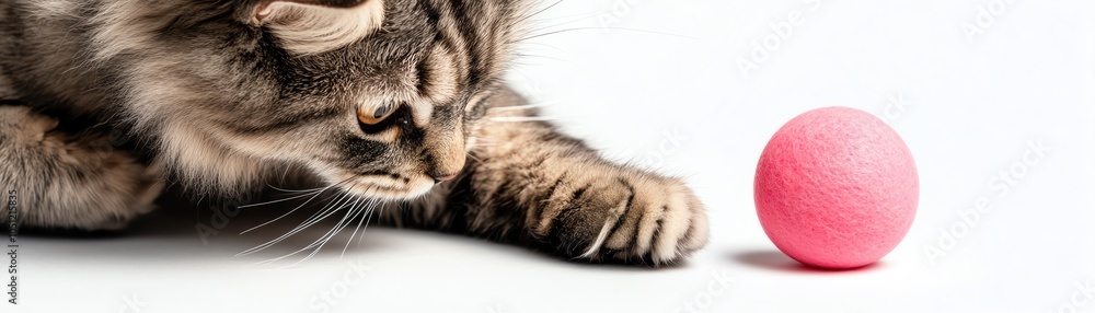 Fototapeta premium A tabby cat stares intently at a pink ball.