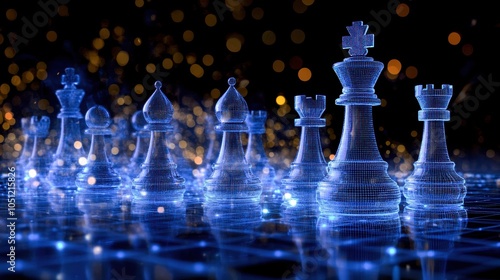 Illuminated chess pieces stand against a blurred bokeh background, showcasing strategy and elegance in a captivating game.