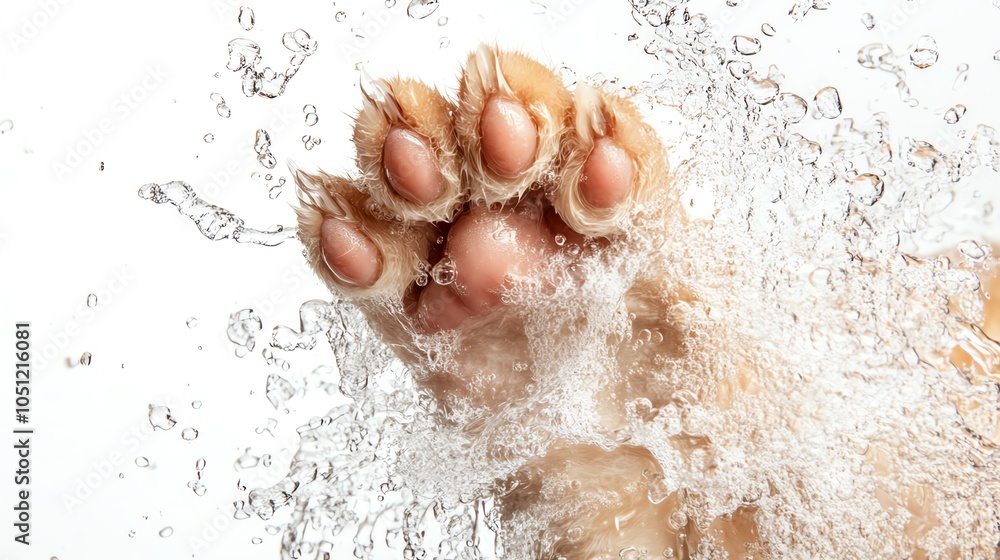 Fototapeta premium Animal paw splashing water on a white isolated background.
