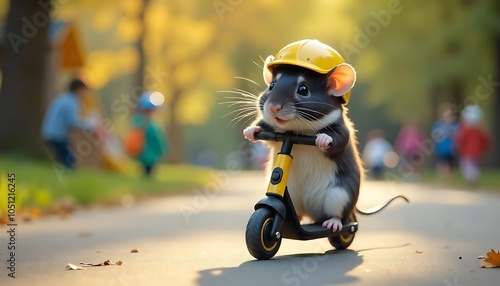 a small rat is riding a scooter on the road