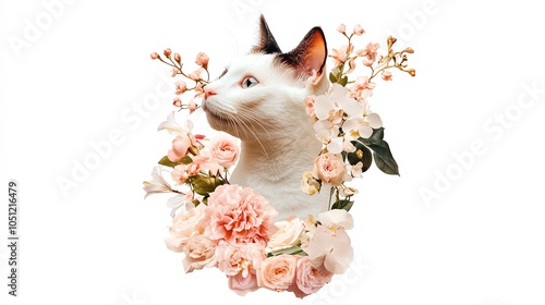 Cat surrounded by beautiful pink flowers, white isolated background photo