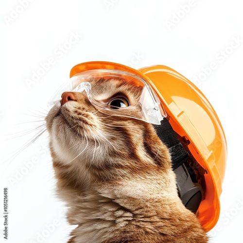 Cat wearing an orange safety helmet and goggles, white background photo