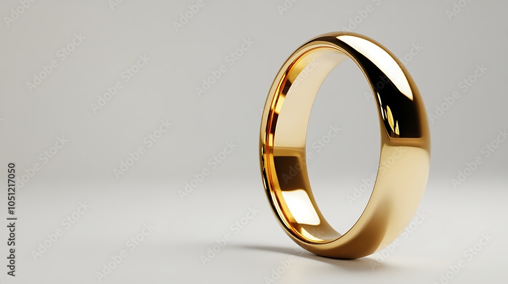 A shiny gold ring displayed on a smooth surface, symbolizing elegance and commitment.