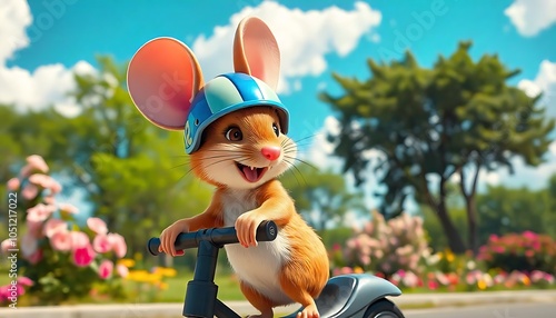 there is a cartoon mouse riding a scooter on the street