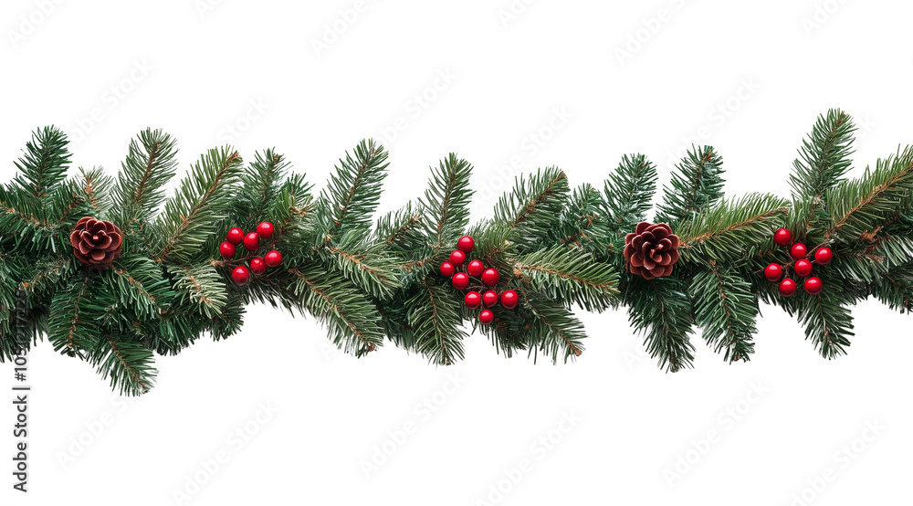 Garland of Christmas tree branches decorated with pine cones and berries, created with Generative AI technology, PNG Garland of Christmas tree branches decorated with pine cones and berries, created with Generative AI technology, PNG