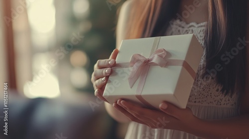 Woman opens gift box, shallow depth of field.