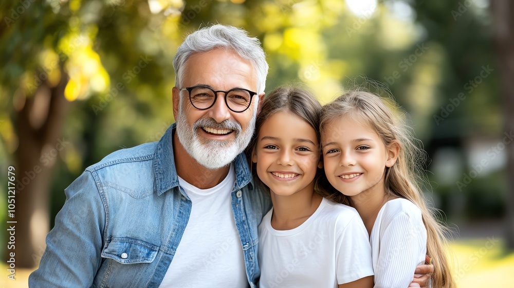 Happy grandfather with granddaughters outside, smiling together. Happy grandfather with granddaughters outside, smiling together.
