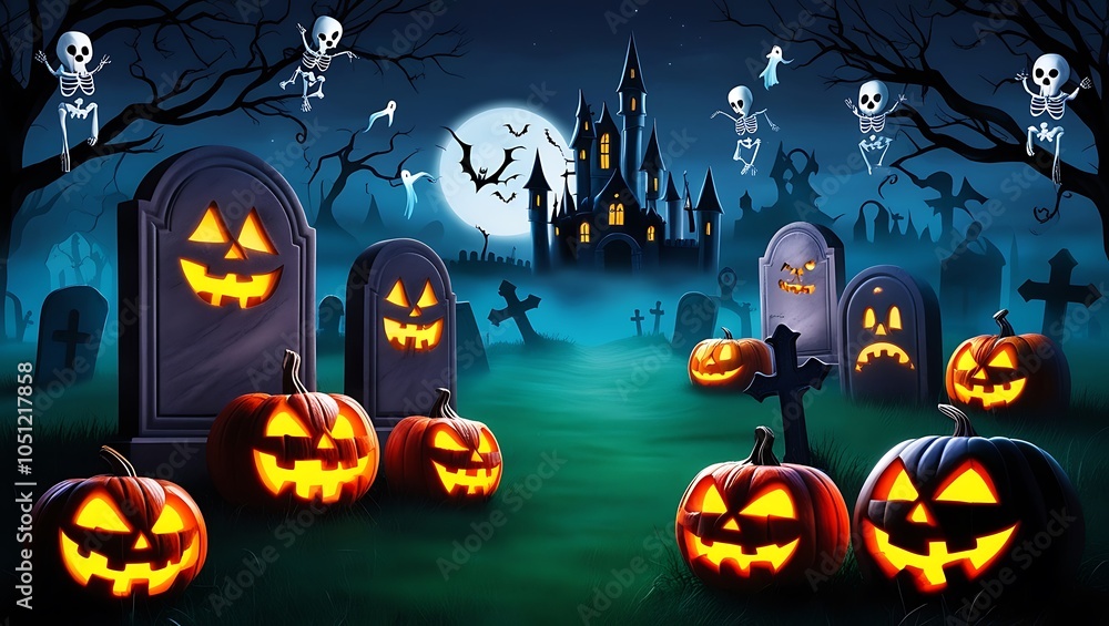 Fototapeta premium Experience the enchanting eeriness of Halloween night with this captivating scene set in a spooky graveyard. Scary carved pumpkins flicker with warm candlelight, illuminating shadowy tombstones.
