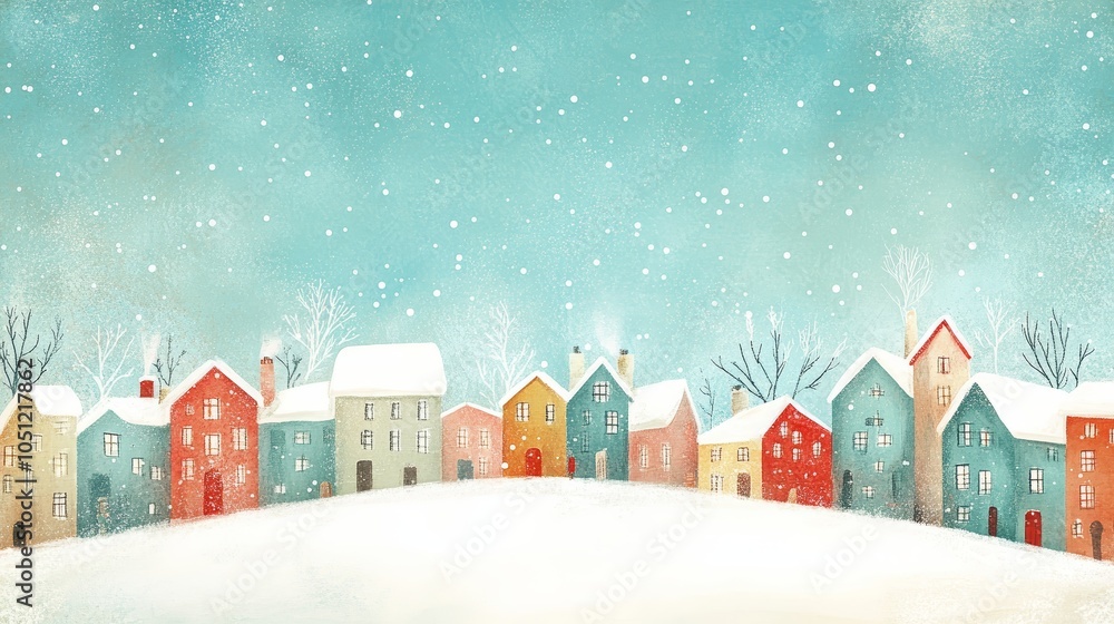Fototapeta premium Colorful Snowy Village Winter Illustration