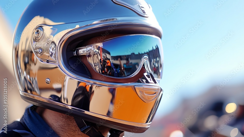 Fototapeta premium Motorcycle helmet with reflective visor, outdoor setting.