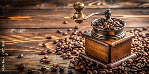 Vintage coffee grinder with scattered beans on a tilted angle