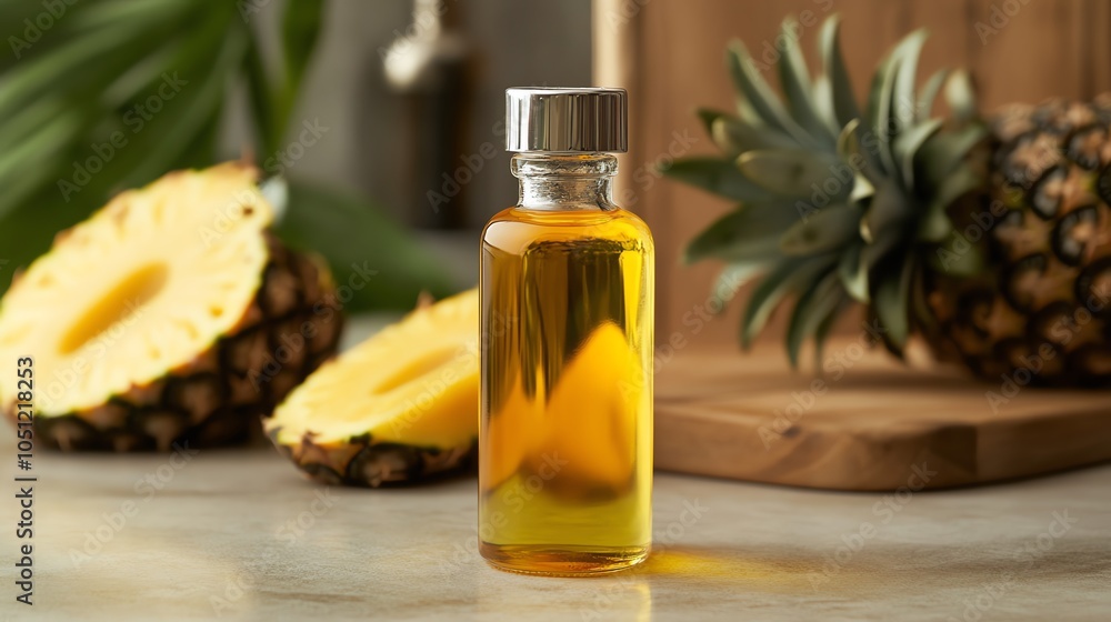 Pineapple oil in glass bottle with fresh pineapples nearby. Pineapple oil in glass bottle with fresh pineapples nearby.