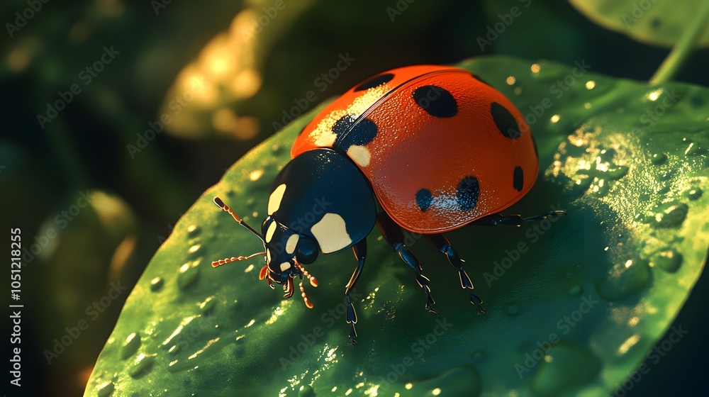 Obraz premium Close-Up of a Vibrant Ladybug on a Dew-Covered Leaf in a Sunlit Garden