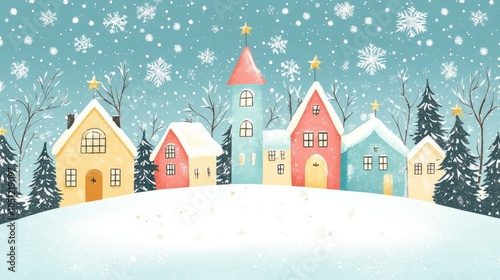 Winter Wonderland Village Illustration with Snowfall