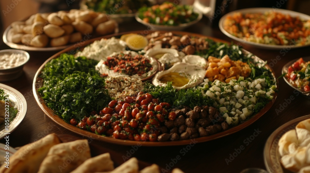 Seasonal Mezze Platters with Fresh Ingredients on Table Seasonal Mezze Platters with Fresh Ingredients on Table