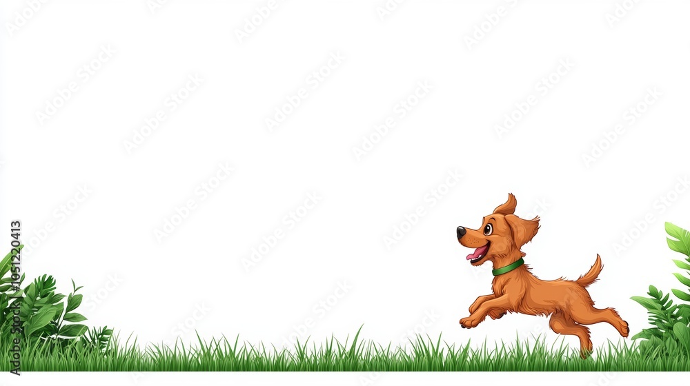 Happy Dog Running Through Grass with White Background Happy Dog Running Through Grass with White Background