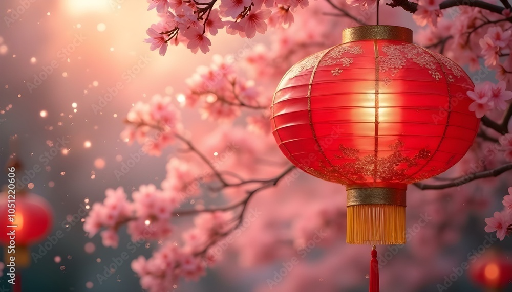 Fototapeta premium Chinese lanterns with cherry blossom background. 3D illustration