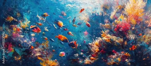 A colorful underwater scene with coral reefs and tropical fish.