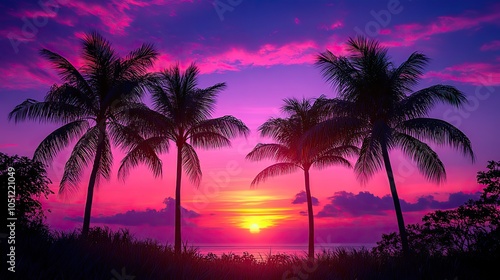 purple and blue sky with palm trees silhouetted against tropical sunset  creating relaxed mood.stock photo
