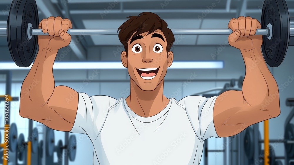 Fototapeta premium Happy Man Lifting Weights at Gym Fitness Motivation Exercise Workout Strength Training