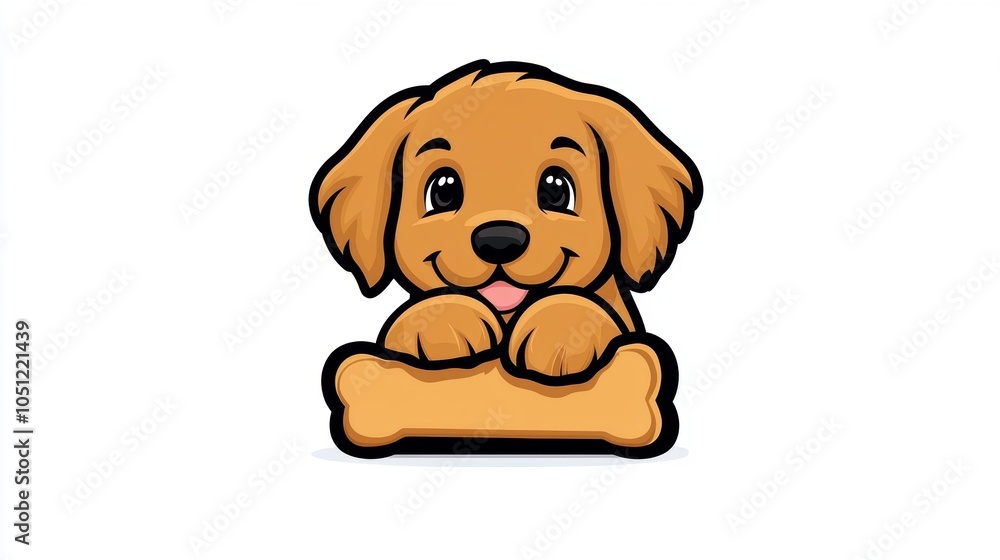Obraz premium Cute Cartoon Golden Retriever Puppy Holding a Bone
