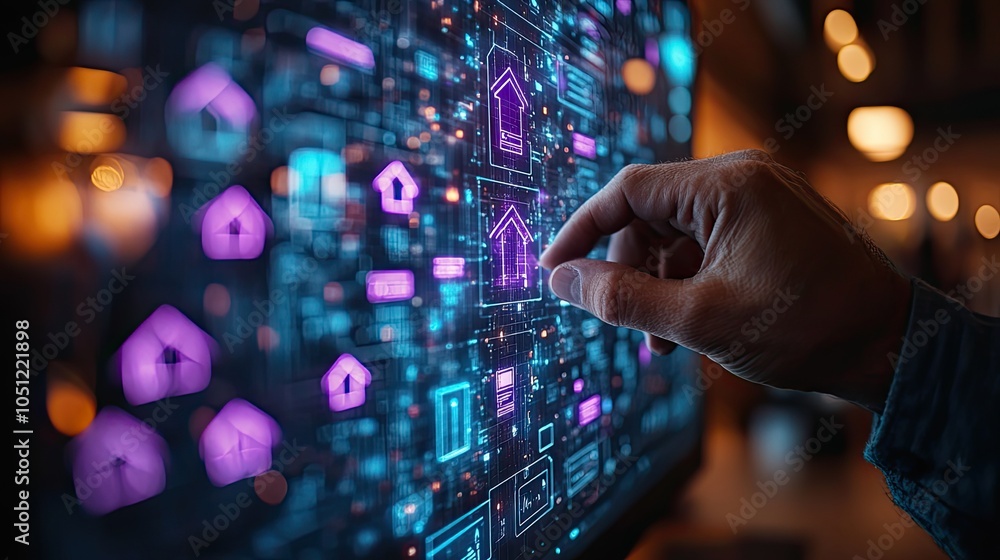 real estate agent selects property search option on digital screen, showing purple house icons and search results in white.illustration real estate agent selects property search option on digital screen, showing purple house icons and search results in white.illustration