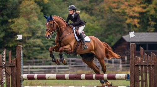 Horse riding competitions involving jumping obstacles. photo