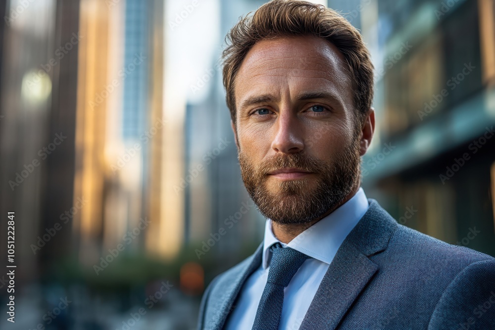Fototapeta premium Confident businessman in a suit against an urban background.